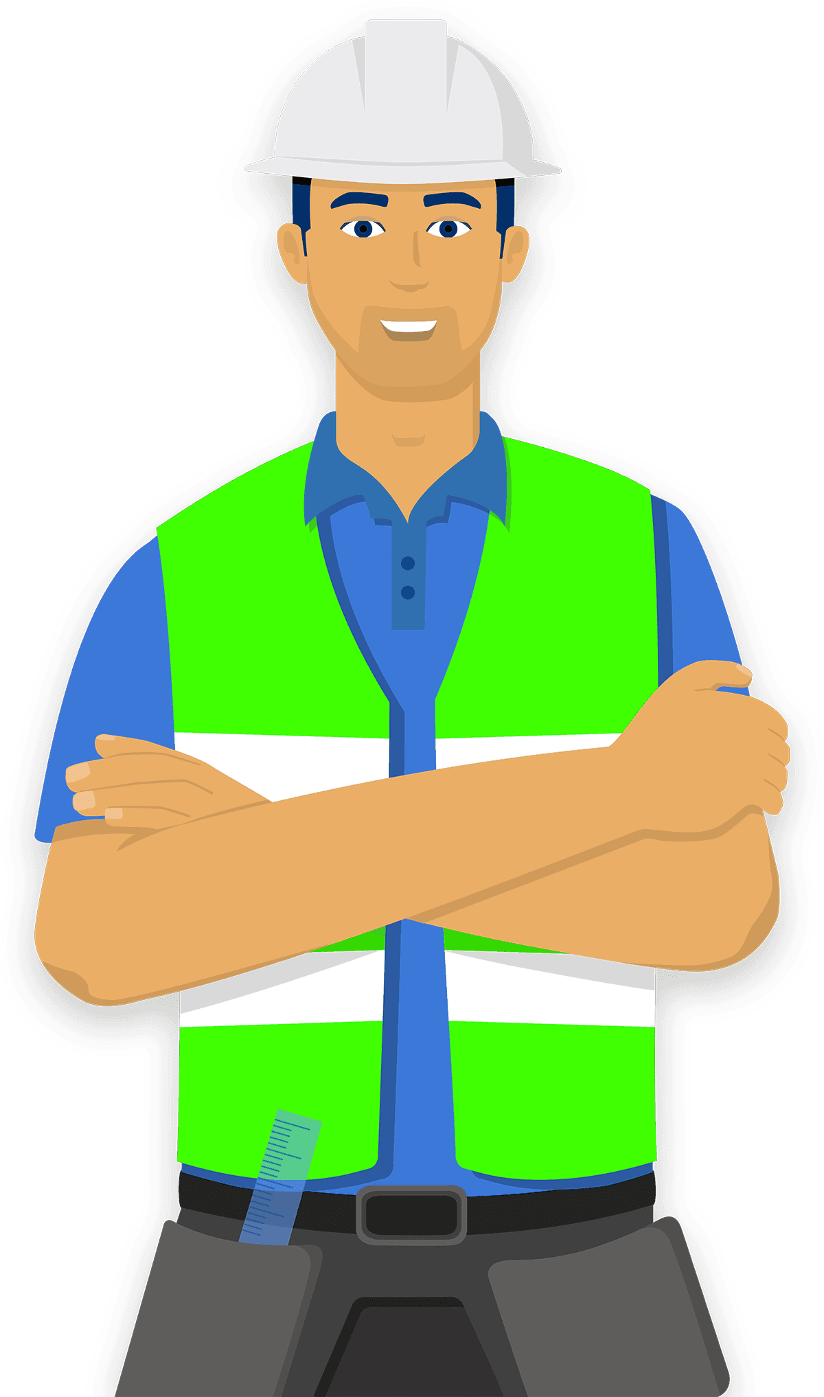 Cartoon stylised image of a builder in a hard hat and hi-viz vest